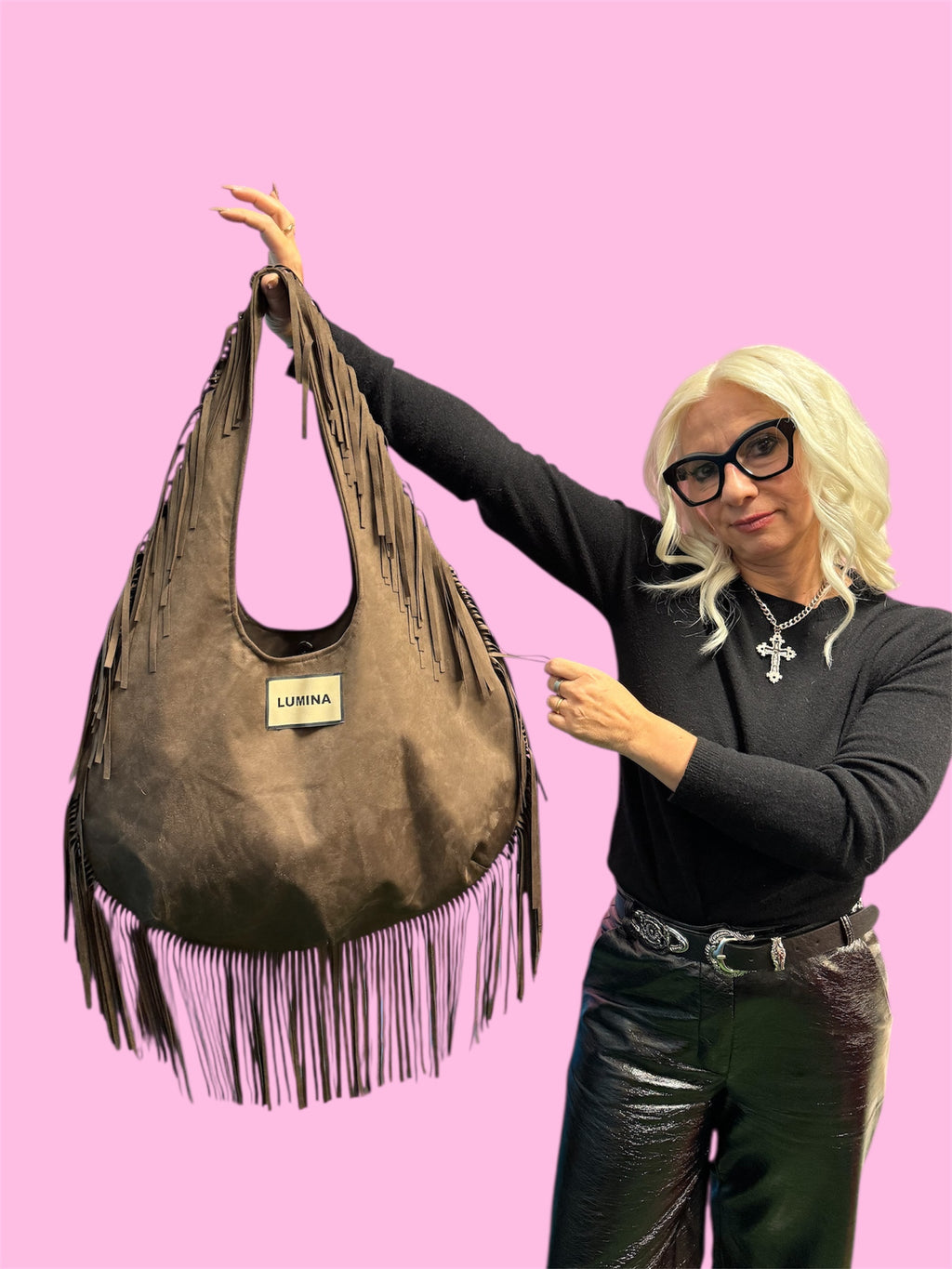 Lumina Moon bag scamosciata con frange