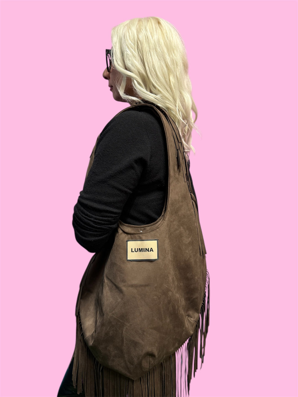 Lumina Moon bag scamosciata con frange