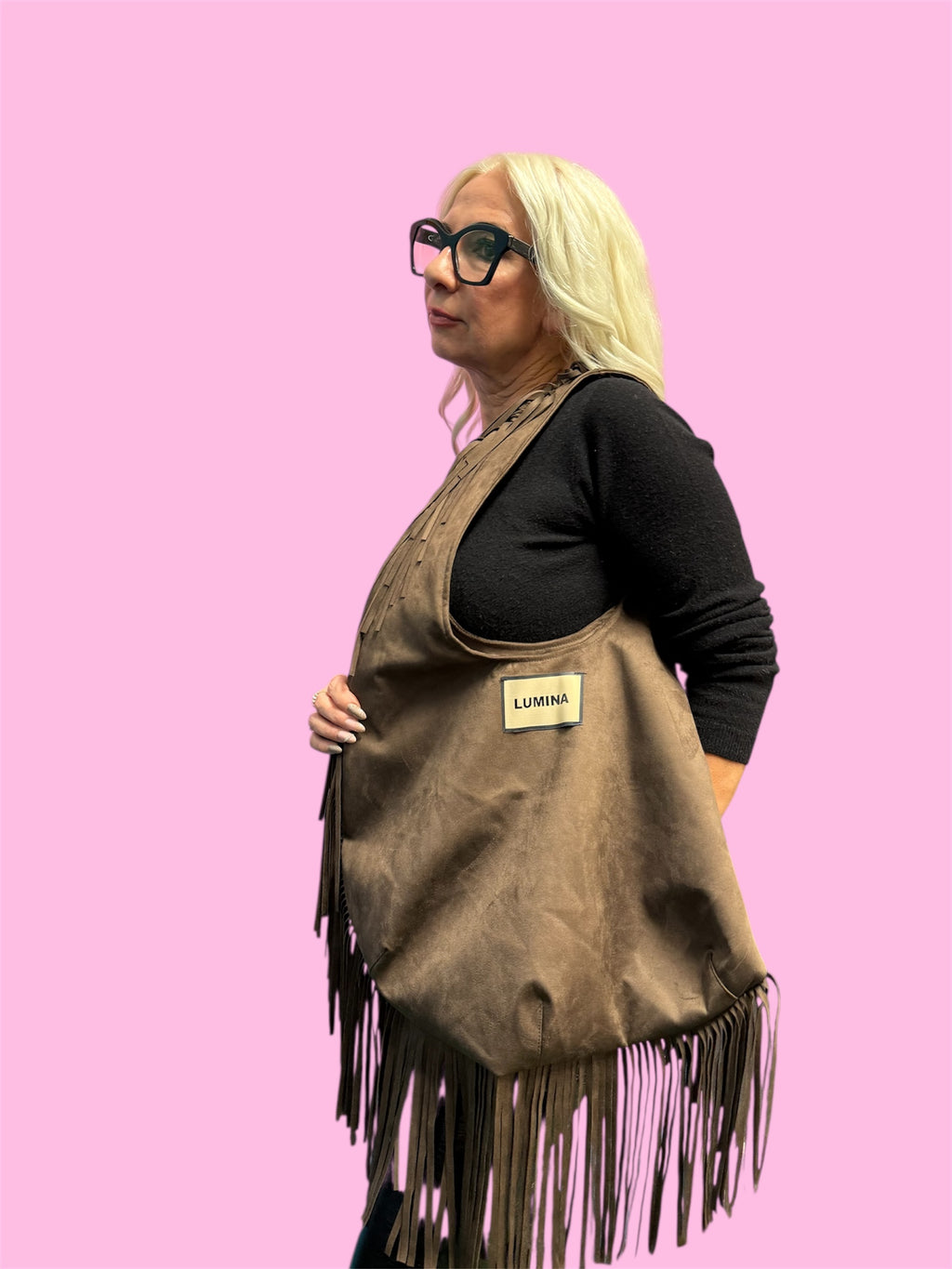 Lumina Moon bag scamosciata con frange
